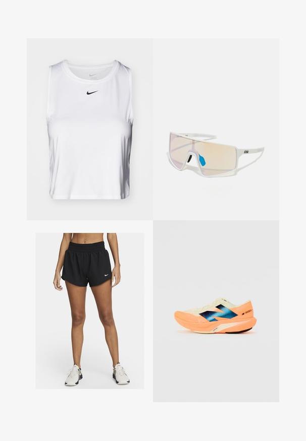 White sleeveless athletic top made of smooth fabric, featuring a round neckline and a small black Nike logo on the chest.; Black athletic shorts with a loose fit, elastic waistband, and curved hemline. Features a small white Nike logo on the lower left side.; Running shoe with a lightweight cream upper, blue branding, and orange accents on the sole. Mesh texture for breathability.; White-framed sunglasses with large, gradient lenses featuring a pink to light orange tint, accentuated by a blue nose piece and logo detail.