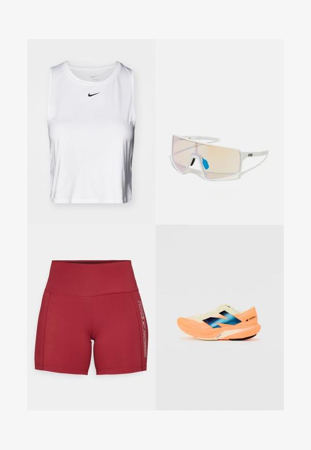 Bela brezrokavna atletska majica iz gladkega materiala, z okroglo ovratnico in majhnim črnim logotipom Nike na prsih.; Rdeče atletske kratke hlače, narejene iz raztegljive tkanine z visokim pasom. Imajo bel odtisnjen logo in stranske poudarke. Gladka tekstura in prilegajoč dizajn.; Tekšča za tek z lahkotnim kremnim zgornjim delom, modrim logotipom in oranžnimi poudarki na podplatu. Mrežasta tekstura za zračnost.; Sončne naočale s belim okviru in velikimi, gradientnimi lečami, ki prehajajo iz roza v svetlo oranžno, ter z modrim nosnim delom in logotipom.