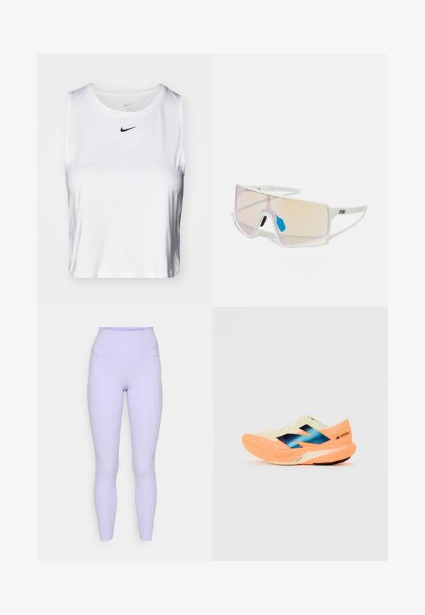Vit ärmlös träningsskjorta i smidigt tyg, med rund halsringning och en liten svart Nike-logotyp på bröstet.; Lila högmidjade leggings med en jämn, elastisk textur och en Nike-logotyp på midjebandet, designade för komfort och rörelse.; Löparskor med ett lätt krämfärgat ovanskor, blå varumärkeslogga och orange detaljer på sulan. Nättextur för andningsförmåga.; Vita ramar solglasögon med stora gradientlinser som har en rosa till ljusorange ton, accentuerade av en blå näsdyna och logodetalj.