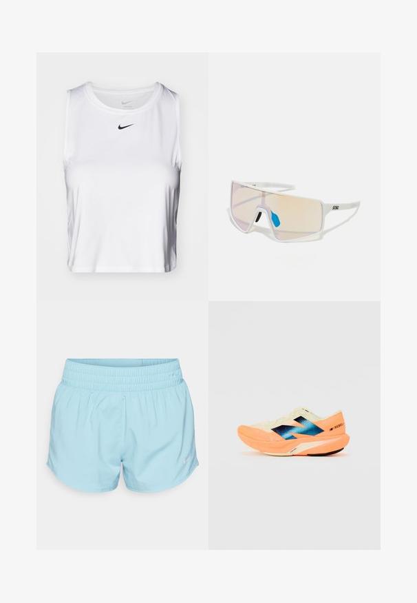 Valge ilma varrukateta sportlik topp, mis on valmistatud siledast kangast, ringikujulise kaelusega ning rinnal on väike must Nike logo.; Heledad sinised treeningpüksid, millel on veniv vöökoht ja pehme, sile kangas. Alumises vasakus nurgas on väike valge Nike logo.; Kergjalats kergest kreemjas ülemisest osast, sinise brändingu ja oranžide aktsentidega taldadel. Võrgumaterjal tagab hingavuse.; Valged raamidega päikeseprillid, millel on suured gradiendiklaasid roosa kuni heleda oranži tooniga, mida rõhutab sinine ninatükk ja logo detail.
