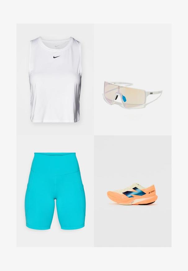 Biała bezrękawnikowa koszulka sportowa z gładkiego materiału, z okrągłym dekoltem i małym czarnym logo Nike na piersi.; Jasnoniebieskie szorty z wysokim stanem, wykonane z elastycznego materiału, z bocznymi kieszeniami i gładkim, dopasowanym fasonem.; Buty biegowe z lekką kremową cholewką, niebieskim logo i pomarańczowymi akcentami na podeszwie. Siatkowa tekstura dla lepszej wentylacji.; Białe okulary przeciwsłoneczne w dużej oprawie, z gradientowymi soczewkami w odcieniu różowym do jasnopomarańczowym, podkreślonymi niebieskim noskiem i detalem z logo.