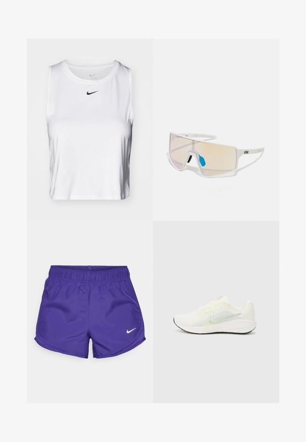 Bílé sportovní tílko bez rukávů vyrobené z hladkého materiálu, s kulatým výstřihem a malým černým logem Nike na hrudi.; Fialové sportovní šortky vyrobené z hladké tkaniny, s elastickým pasem a bílým logem Nike na dolní pravé straně.; Nike Performance DOWNSHIFTER 13 - Silniční běžecké boty - sail/silver-coloured photon dust/summit white/barely volt/black; Sluneční brýle s bílým rámem a velkými gradientovými skly, která mají přechod od růžové k světlé oranžové barvě, doplněné modrým nosníkem a detailem loga.