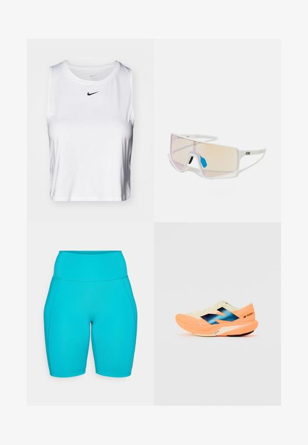 Bela brezrokavna atletska majica iz gladkega materiala, z okroglo ovratnico in majhnim črnim logotipom Nike na prsih.; Akvamarin modre visoke kolesarske hlače iz gladkega, elastičnega materiala, ki imajo stranske šive in prilegajočo se zasnovo za udobje in fleksibilnost.; Tekšča za tek z lahkotnim kremnim zgornjim delom, modrim logotipom in oranžnimi poudarki na podplatu. Mrežasta tekstura za zračnost.; Sončne naočale s belim okviru in velikimi, gradientnimi lečami, ki prehajajo iz roza v svetlo oranžno, ter z modrim nosnim delom in logotipom.