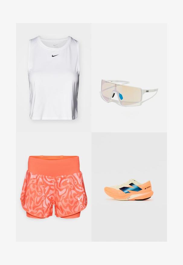 Top atlético branco sem mangas, feito de tecido suave, com decote redondo e um pequeno logotipo preto da Nike no peito.; ASICS ROAD ALL OVER PRINT SHORT - Calções 2 em 1 - coral reef/light ube; Sapatilha de corrida com um cabedal leve em creme, marcação azul e detalhes laranja na sola. Textura em malha para maior respirabilidade.; Óculos de sol com armação branca e grandes lentes degradê, apresentando um tom que vai do rosa ao laranja claro, realçados por um apoio nasal azul e detalhe do logótipo.