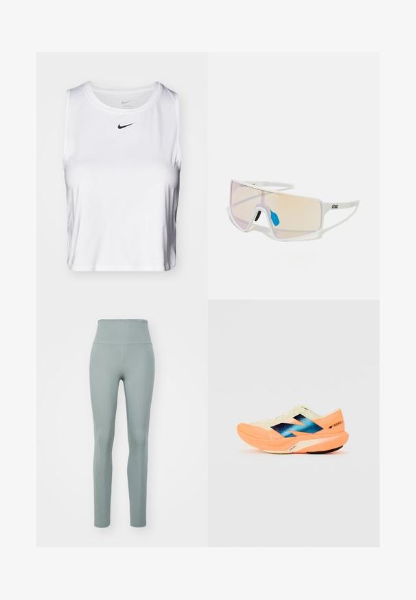 Fehér ujjatlan sporttop sima anyagból, kerek nyakkivágással és egy kicsi fekete Nike logóval a mellkason.; Magas derekú leggings egy tompa zöld színben, rugalmas anyagból készült, sima textúrával és kényelmes, formázott designnal.; Futócipő könnyű krém színű felsőrésszel, kék márkázással és narancssárga kiemelésekkel a talpon. Hálós textúra a légáteresztőség érdekében.; Fehér keretes napszemüveg nagy, színátmenetes lencsékkel, amelyek rózsaszín és világos narancssárga árnyalatúak. Kék orrdísszel és logóval kiemelve.