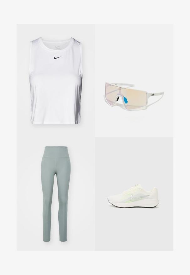 Bílé sportovní tílko bez rukávů vyrobené z hladkého materiálu, s kulatým výstřihem a malým černým logem Nike na hrudi.; Legíny s vysokým pasem v tlumené zelené barvě, vyrobené z elastického materiálu, s hladkým povrchem a přiléhavým střihem pro pohodlí.; Nike Performance DOWNSHIFTER 13 - Silniční běžecké boty - sail/silver-coloured photon dust/summit white/barely volt/black; Sluneční brýle s bílým rámem a velkými gradientovými skly, která mají přechod od růžové k světlé oranžové barvě, doplněné modrým nosníkem a detailem loga.