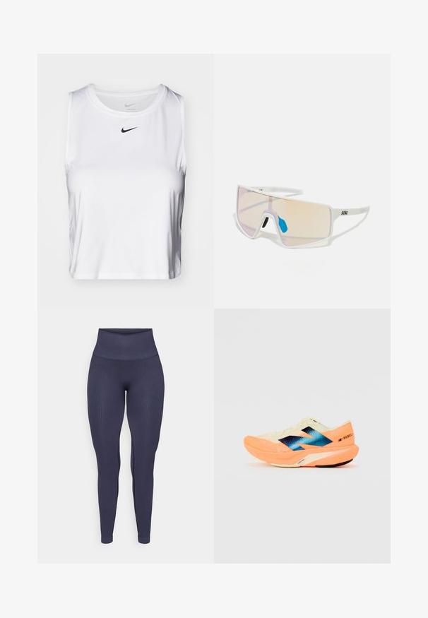 Witte mouwloze sporttop gemaakt van gladde stof, met een ronde halslijn en een klein zwart Nike-logo op de borst.; Navyblauwe geribde leggings met een hoge tailleband, een aansluitend ontwerp en een gladde textuur, met subtiele zijkantdetails.; Hardloopschoen met een lichtgewicht crèmekleurige bovenkant, blauwe branding en oranje accenten op de zool. Mesh textuur voor ademend vermogen.; Witte, omrande zonnebril met grote, gradient glazen die een tint van roze naar lichtoranje hebben, aangevuld met een blauwe neussteun en logo-details.