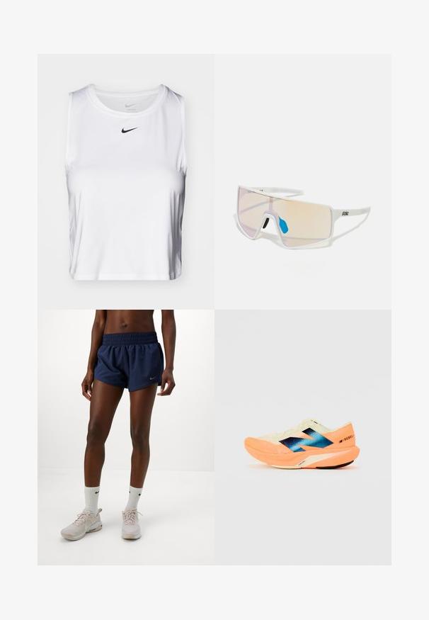 Hvit ærmeløs treningstopp laget av glatt stoff, med rund halslinning og en liten svart Nike-logo på brystet.; Kvinne iført marineblå treningsshorts, hvite Nike-sokker og lyserosa Nike-sneakers som står mot en enkel hvit bakgrunn.; Løpesko med en lett kremfarget overdel, blå merkevare og oransje detaljer på sålen. Nettverksstruktur for pusteevne.; Hvitinnrammede solbriller med store gradientlinser som har en rosa til lys oransje nyanse, aksentuert av en blå nesebro og logodetalj.