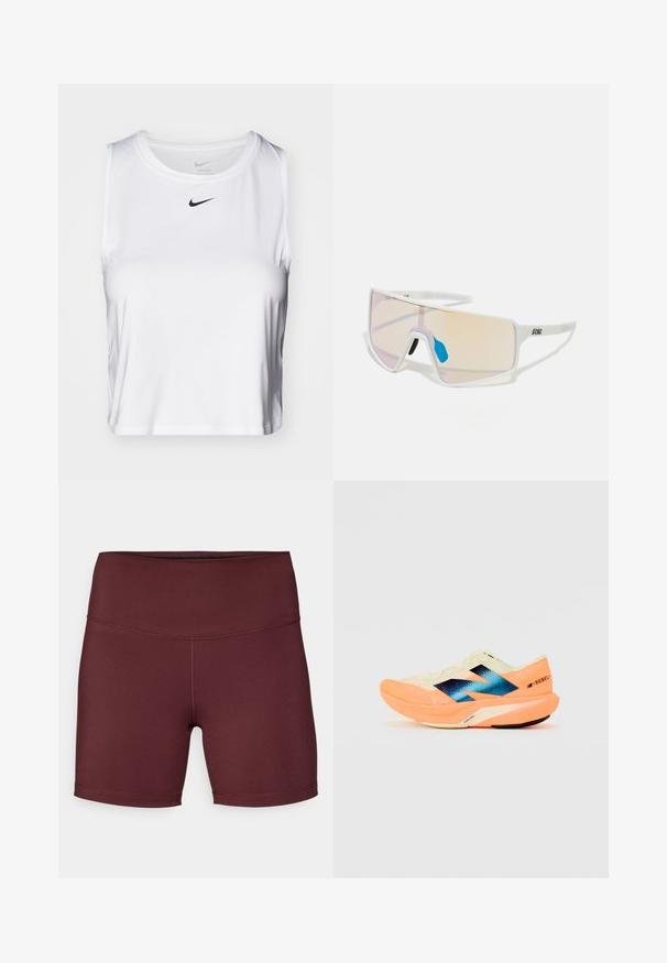 Vit ärmlös träningsskjorta i smidigt tyg, med rund halsringning och en liten svart Nike-logotyp på bröstet.; Burgundy atletiska shorts med hög midja, tillverkade av mjukt, stretchigt tyg; har en design med platta sömmar utan fickor.; Löparskor med ett lätt krämfärgat ovanskor, blå varumärkeslogga och orange detaljer på sulan. Nättextur för andningsförmåga.; Vita ramar solglasögon med stora gradientlinser som har en rosa till ljusorange ton, accentuerade av en blå näsdyna och logodetalj.