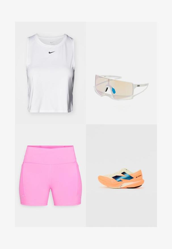 Bijela bezrukava atletska majica napravljena od glatkog materijala, s okruglim izrezom i malim crnim Nike logom na prsima.; Svijetlo ružičaste atletske kratke hlače visokog struka s ravnim šavovima i malim reflektivnim detaljima blizu rubova na obje noge.; Trkaća cipela s laganim krem gornjim dijelom, plavim oznakama i narančastim detaljima na potplatu. Mrežasti tekstur za prozračnost.; Sunglasses s bijelim okvirom i velikim lećama sa gradijentom u nijansama ružičaste do svijetlo narančaste, naglašene plavim dijelom za nos i detaljem loga.