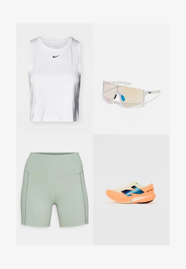 Top atletico senza maniche di colore bianco, realizzato in tessuto liscio, con scollo rotondo e un piccolo logo Nike nero sul petto.; Pantaloni sportivi verde chiaro realizzati in materiale elastico. Caratterizzati da una vita alta e dettagli del logo sul lato, con cuciture piatte.; Scarpa da corsa con una parte superiore leggera color crema, marchio blu e accenti arancioni sulla suola. Tessuto in rete per la traspirabilità.; Occhiali da sole con montatura bianca e grandi lenti sfumate che vanno dal rosa a un arancione chiaro, accentuati da un pezzo nasale blu e dettagli con logo.