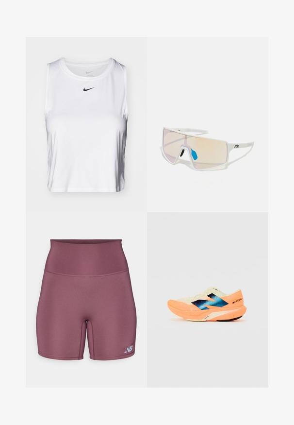 Valkoinen hihaton urheilu toppi, joka on valmistettu sileästä kankaasta. Topissa on pyöreä kaula-aukko ja pieni musta Nike-logo rinnassa.; Urheilulliset korkeavyötäröiset shortsit hillityssä violetissa sävyssä, joissa on sileä, joustava kangas ja pieni logo vasemmassa alaosassa.; Juoksukengät, joissa on kevyt kerma värinen päällinen, sininen brändäys ja oranssit yksityiskohdat pohjassa. Verkkotekstuuri hengittävyyttä varten.; Valkoiset kehykset aurinkolasit, joissa on suuret, gradienttilinssit, joissa on vaaleanpunainen ja vaalea oranssi sävy. Lasien yksityiskohtia korostaa sininen nenäosa ja logo.