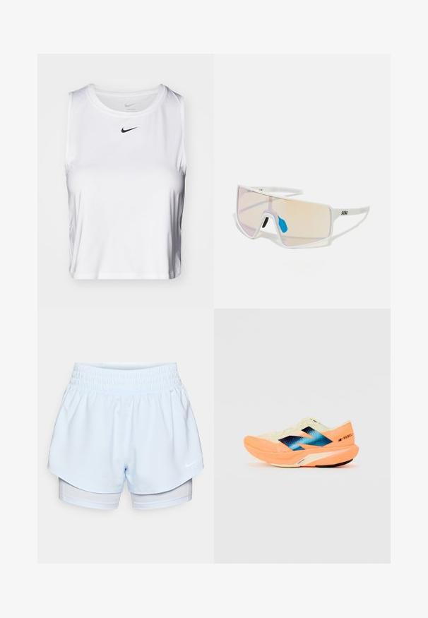 Bela brezrokavna atletska majica iz gladkega materiala, z okroglo ovratnico in majhnim črnim logotipom Nike na prsih.; Svijetloplave atletske kratke hlače s elastičnom trakom u struku; vanjski sloj je kratko izrezan, dok je unutarnji sloj prilagođen i napravljen od prozračnog materijala.; Tekšča za tek z lahkotnim kremnim zgornjim delom, modrim logotipom in oranžnimi poudarki na podplatu. Mrežasta tekstura za zračnost.; Sončne naočale s belim okviru in velikimi, gradientnimi lečami, ki prehajajo iz roza v svetlo oranžno, ter z modrim nosnim delom in logotipom.