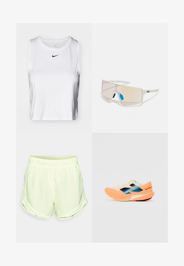 Balta be rankovių sportinė maikutė, pagaminta iš lygaus audinio, su apvaliu kaklu ir mažu juodu Nike logotipu krūtinės srityje.; Šviesiai žali sportiniai šortai su elastine juosta, tinklinėmis šoninėmis panelėmis ir mažu baltu logotipu apatinėje kairėje pusėje.; Bėgimo bateliai su lengvu kreminiu viršumi, mėlynu ženklinimu ir oranžiniais akcentais ant pado. Tinklelis, užtikrinantis kvėpavimą.; Baltos rėmeliais akiniai nuo saulės su dideliais gradientiniais lęšiais, turinčiais rožinį ir šviesiai oranžinį atspalvį, pabrėžti mėlynos spalvos nosies dalimi ir logotipo detale.