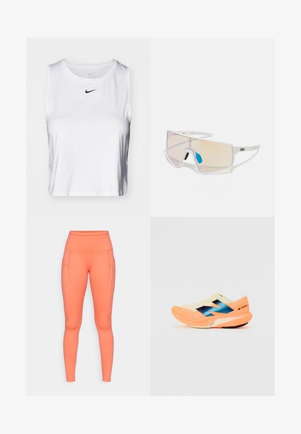 Balts bez piedurknēm sporta krekls, kas izgatavots no gludas auduma, ar apaļu kakla izgriezumu un mazu melnu Nike logo uz krūškurvja.; Augstos, pieguļoši legingi spilgti korallkrāsā, ar sānu kabatām un kontrastējošām šuvēm papildu detaļām. Izgatavoti no elastīga auduma.; Skriešanas apavi ar vieglu krēmkrāsas augšdaļu, zilu zīmolu un oranžiem akcents uz zoles. Acu tekstūra gaisa caurlaidībai.; Balti rāmji saulesbrilles ar lieliem, gradienta lēcu toņiem, kas no rozā pakāpeniski pāriet gaisā oranžā krāsā, akcentētas ar zilu deguna daļu un logo detaļu.