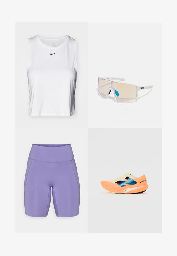 Haut de sport sans manches blanc en tissu lisse, avec un col rond et un petit logo Nike noir sur la poitrine.; Shorts de sport violets avec une taille haute, un design ajusté, une texture lisse et des détails de couture subtils sur les côtés.; Chaussure de course avec une tige légère couleur crème, un logo bleu et des accents orange sur la semelle. Texture en maille pour la respirabilité.; Lunettes de soleil avec monture blanche et grandes verres dégradés, présentant une teinte allant de rose à orange clair, rehaussées d'une pièce de nez bleue et d'un détail de logo.