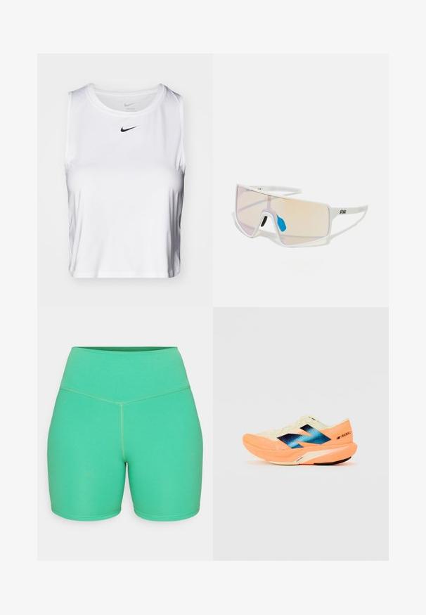 Weißes ärmelloses Sportoberteil aus glattem Stoff, mit Rundhalsausschnitt und kleinem schwarzen Nike-Logo auf der Brust.; Grüne Sportshorts aus dehnbarem Material, mit hohem Bund, glatter Textur und kontrastierenden Nähten.; Laufschuh mit einem leichten cremefarbenen Obermaterial, blauer Markenkennung und orangefarbenen Akzenten an der Sohle. Mesh-Struktur für Atmungsaktivität.; Weiß gerahmte Sonnenbrillen mit großen, verlaufenden Gläsern, die von einem rosa bis hellorange Farbverlauf reichen, akzentuiert durch ein blaues Nasenstück und ein Logo-Detail.
