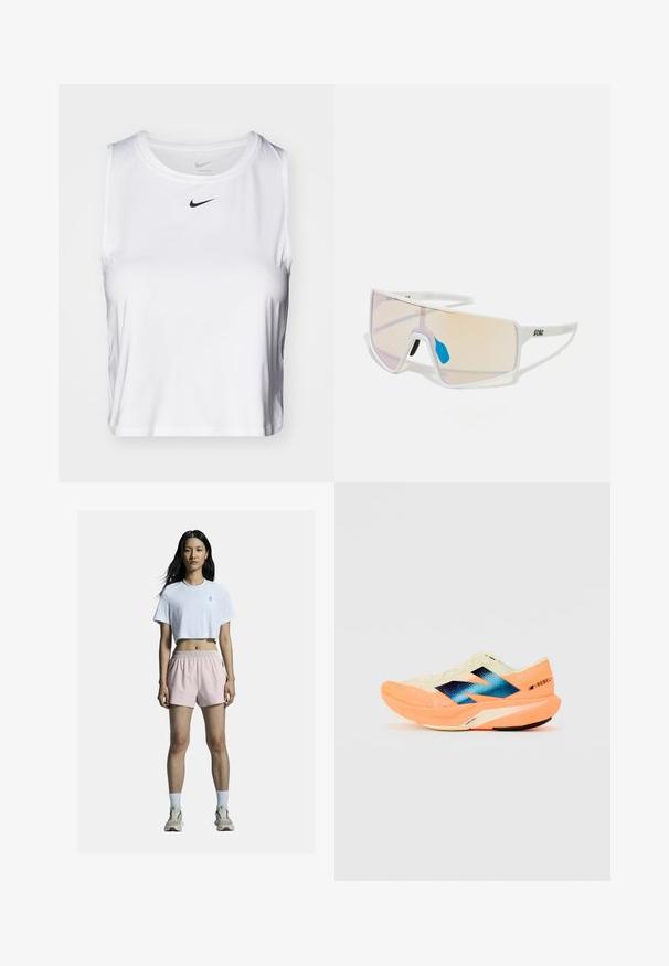 Valge ilma varrukateta sportlik topp, mis on valmistatud siledast kangast, ringikujulise kaelusega ning rinnal on väike must Nike logo.; Valge lühikesed pusa, millel on logo, sobib kergete roosade spordilühikeste, millel on elastne vöökoht. Valged sokid ja neutraalsed tossud lõpetavad komplekti.; Kergjalats kergest kreemjas ülemisest osast, sinise brändingu ja oranžide aktsentidega taldadel. Võrgumaterjal tagab hingavuse.; Valged raamidega päikeseprillid, millel on suured gradiendiklaasid roosa kuni heleda oranži tooniga, mida rõhutab sinine ninatükk ja logo detail.