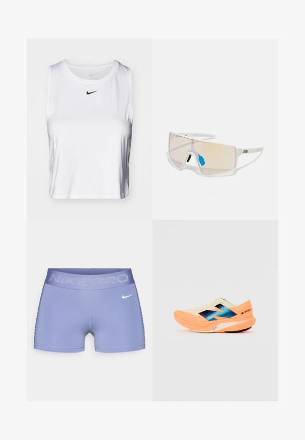 Fehér ujjatlan sporttop sima anyagból, kerek nyakkivágással és egy kicsi fekete Nike logóval a mellkason.; Nike Pro kompressziós rövidnadrág világoslila színben, széles derékpánttal, amelyen a "NIKE PRO" felirat szerepel, sima textúrával és mintás oldalsó díszítéssel.; Futócipő könnyű krém színű felsőrésszel, kék márkázással és narancssárga kiemelésekkel a talpon. Hálós textúra a légáteresztőség érdekében.; Fehér keretes napszemüveg nagy, színátmenetes lencsékkel, amelyek rózsaszín és világos narancssárga árnyalatúak. Kék orrdísszel és logóval kiemelve.