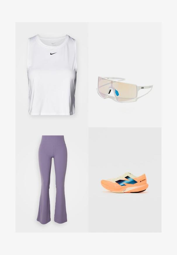 Hvit ærmeløs treningstopp laget av glatt stoff, med rund halslinning og en liten svart Nike-logo på brystet.; Lavendel fargede flared leggings laget av elastisk stoff med høy midje; glatt tekstur og enkelt design uten mønstre eller detaljer.; Løpesko med en lett kremfarget overdel, blå merkevare og oransje detaljer på sålen. Nettverksstruktur for pusteevne.; Hvitinnrammede solbriller med store gradientlinser som har en rosa til lys oransje nyanse, aksentuert av en blå nesebro og logodetalj.
