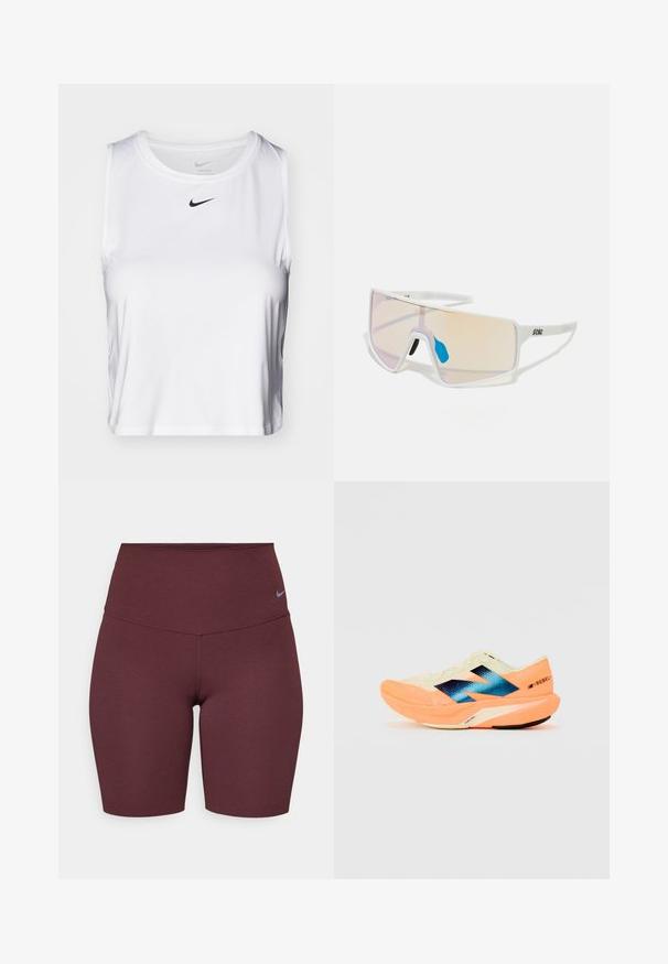 Top atletico senza maniche di colore bianco, realizzato in tessuto liscio, con scollo rotondo e un piccolo logo Nike nero sul petto.; Shorts da ciclismo a vita alta color bordeaux realizzati in tessuto elastico, con un discreto logo Nike grigio sul lato sinistro. Texture liscia.; Scarpa da corsa con una parte superiore leggera color crema, marchio blu e accenti arancioni sulla suola. Tessuto in rete per la traspirabilità.; Occhiali da sole con montatura bianca e grandi lenti sfumate che vanno dal rosa a un arancione chiaro, accentuati da un pezzo nasale blu e dettagli con logo.