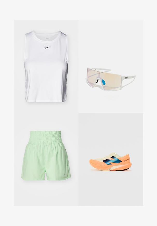 Hvit ærmeløs treningstopp laget av glatt stoff, med rund halslinning og en liten svart Nike-logo på brystet.; Nike Performance ONE - Sports shorts - vapor green; Løpesko med en lett kremfarget overdel, blå merkevare og oransje detaljer på sålen. Nettverksstruktur for pusteevne.; Hvitinnrammede solbriller med store gradientlinser som har en rosa til lys oransje nyanse, aksentuert av en blå nesebro og logodetalj.