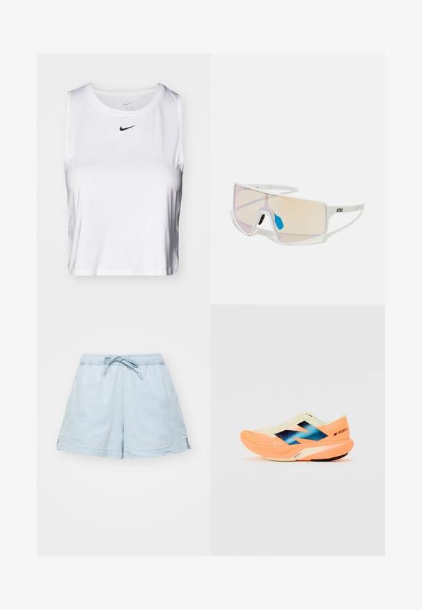 Balts bez piedurknēm sporta krekls, kas izgatavots no gludas auduma, ar apaļu kakla izgriezumu un mazu melnu Nike logo uz krūškurvja.; Gaiši zili, viegli šorti ar elastīgu jostasvīru un auklu. Iespējas sānu kabatas un brīvs piegriezums, izgatavoti no mīkstas auduma.; Skriešanas apavi ar vieglu krēmkrāsas augšdaļu, zilu zīmolu un oranžiem akcents uz zoles. Acu tekstūra gaisa caurlaidībai.; Balti rāmji saulesbrilles ar lieliem, gradienta lēcu toņiem, kas no rozā pakāpeniski pāriet gaisā oranžā krāsā, akcentētas ar zilu deguna daļu un logo detaļu.
