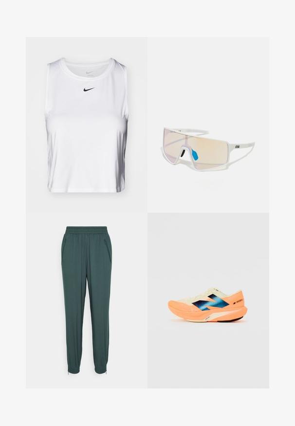Biela bezrukávová športová blúzka vyrobená z hladkej látky, s okrúhlym výstrihom a malým čiernym logom Nike na hrudi.; Tmavozelené teplákové nohavice vyrobené z mäkkého materiálu, s elastickým pásom, zipsovými bočnými vreckami a elastickými manžetami.; Bežecká obuv s ľahkým krémovým zvrškom, modrým brandingom a oranžovými akcentmi na podrážke. Sieťovina pre lepšiu priedušnosť.; Slnečné okuliare s bielym rámom a veľkými gradientovými šošovkami s ružovým až svetlooranžovým tónom, zvýraznené modrým nosníkom a detailom loga.