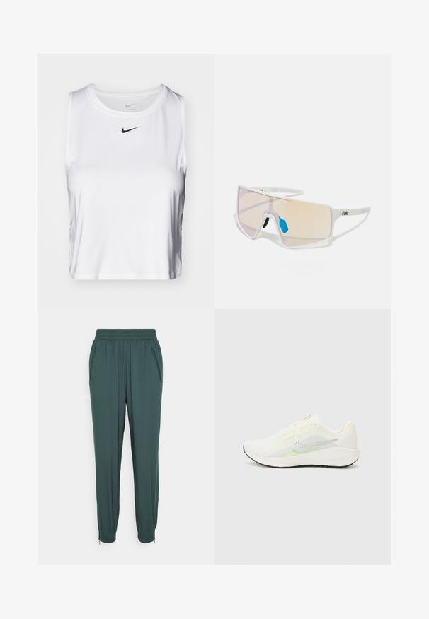 Vit ärmlös träningsskjorta i smidigt tyg, med rund halsringning och en liten svart Nike-logotyp på bröstet.; Mörkgröna joggerbyxor gjorda av mjukt material, med resårmidja, blixtlåsfickor på sidan och resår i bensluten.; Nike Performance DOWNSHIFTER 13 - Väglöparskor - sail/silver-coloured photon dust/summit white/barely volt/black; Vita ramar solglasögon med stora gradientlinser som har en rosa till ljusorange ton, accentuerade av en blå näsdyna och logodetalj.