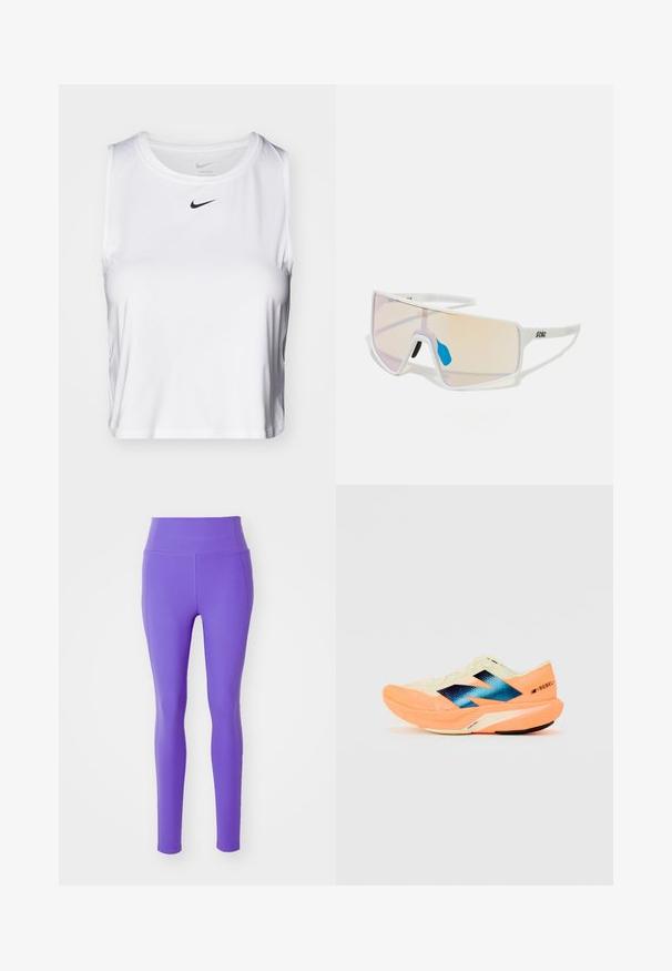 Balts bez piedurknēm sporta krekls, kas izgatavots no gludas auduma, ar apaļu kakla izgriezumu un mazu melnu Nike logo uz krūškurvja.; Girlfriend Collective COMPRESSIVE HIGH RISE LEGGING LONG - Legingi - wild iris; Skriešanas apavi ar vieglu krēmkrāsas augšdaļu, zilu zīmolu un oranžiem akcents uz zoles. Acu tekstūra gaisa caurlaidībai.; Balti rāmji saulesbrilles ar lieliem, gradienta lēcu toņiem, kas no rozā pakāpeniski pāriet gaisā oranžā krāsā, akcentētas ar zilu deguna daļu un logo detaļu.