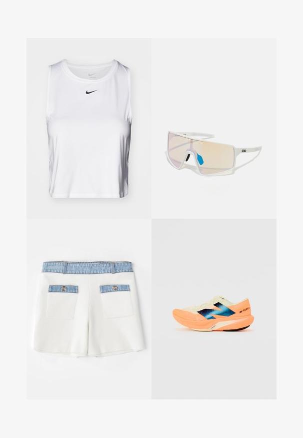 Valkoinen hihaton urheilu toppi, joka on valmistettu sileästä kankaasta. Topissa on pyöreä kaula-aukko ja pieni musta Nike-logo rinnassa.; Maje IRSALA - Shortsit - ecru; Juoksukengät, joissa on kevyt kerma värinen päällinen, sininen brändäys ja oranssit yksityiskohdat pohjassa. Verkkotekstuuri hengittävyyttä varten.; Valkoiset kehykset aurinkolasit, joissa on suuret, gradienttilinssit, joissa on vaaleanpunainen ja vaalea oranssi sävy. Lasien yksityiskohtia korostaa sininen nenäosa ja logo.