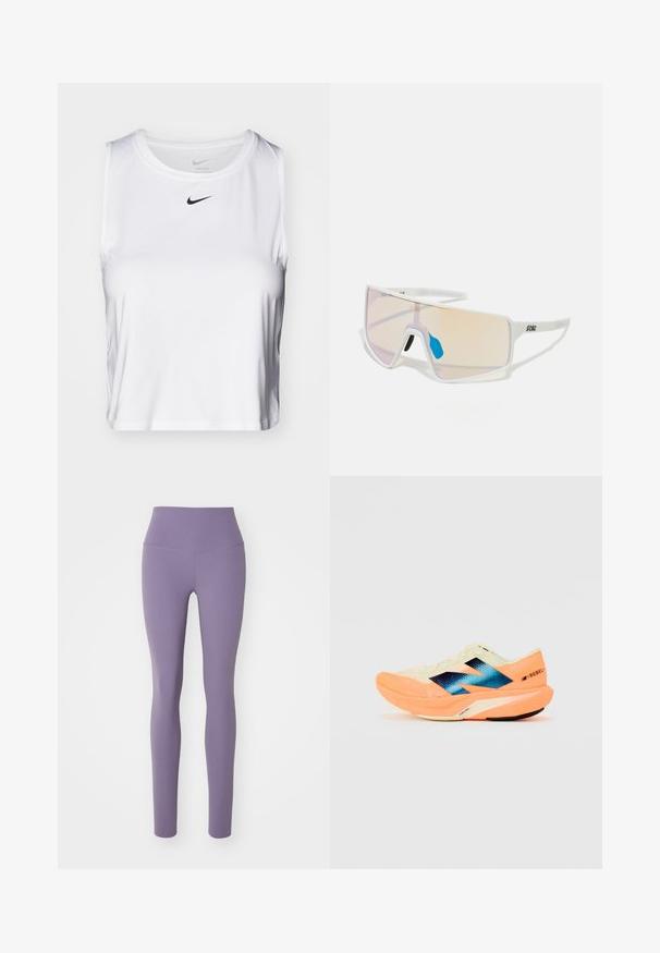 Hvit ærmeløs treningstopp laget av glatt stoff, med rund halslinning og en liten svart Nike-logo på brystet.; Nike Performance ZENVY - Tights - purple; Løpesko med en lett kremfarget overdel, blå merkevare og oransje detaljer på sålen. Nettverksstruktur for pusteevne.; Hvitinnrammede solbriller med store gradientlinser som har en rosa til lys oransje nyanse, aksentuert av en blå nesebro og logodetalj.