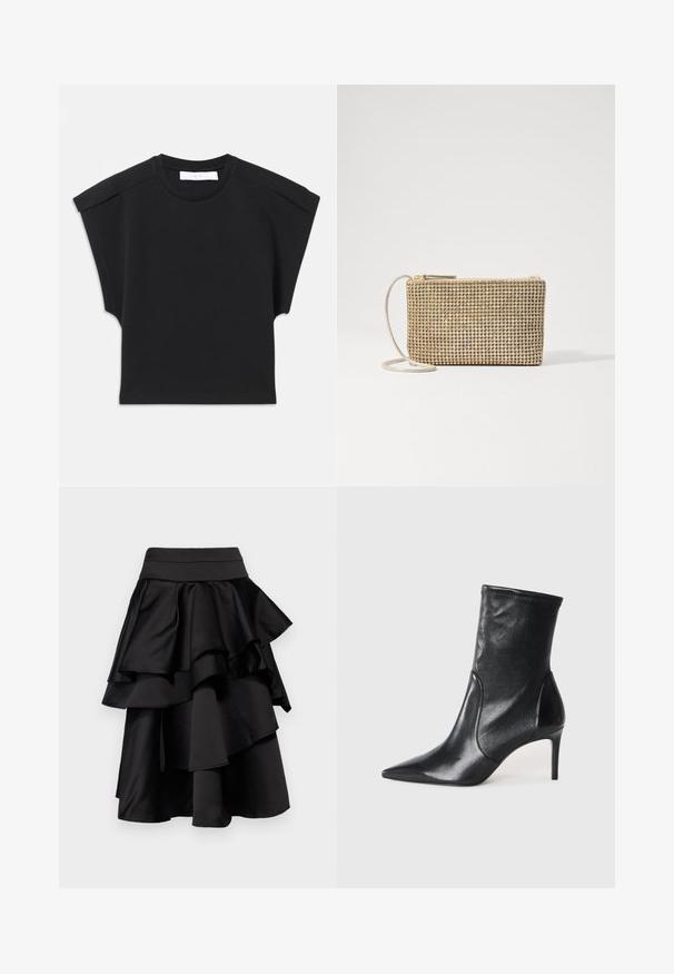 Schwarzes kurzärmliges Oberteil mit rundem Halsausschnitt und Schulterdetails, flach auf einem weißen Hintergrund ausgelegt.; Schwarzer, mehrlagiger Rock mit mehreren Rüschen. Verfügt über einen taillierten Bund und einen fließenden Abschluss, gefertigt aus einem glatten, satinähnlichen Stoff.; Schwarze Stiefeletten aus glattem Leder, mit einer spitzen Zehe, schmalem Schaft und schlanker, hoher Ferse. Minimalistisches Design ohne sichtbare Beschläge.; Loeffler Randall YASMINE FLAT CLUTCH - Umhängetasche - gold