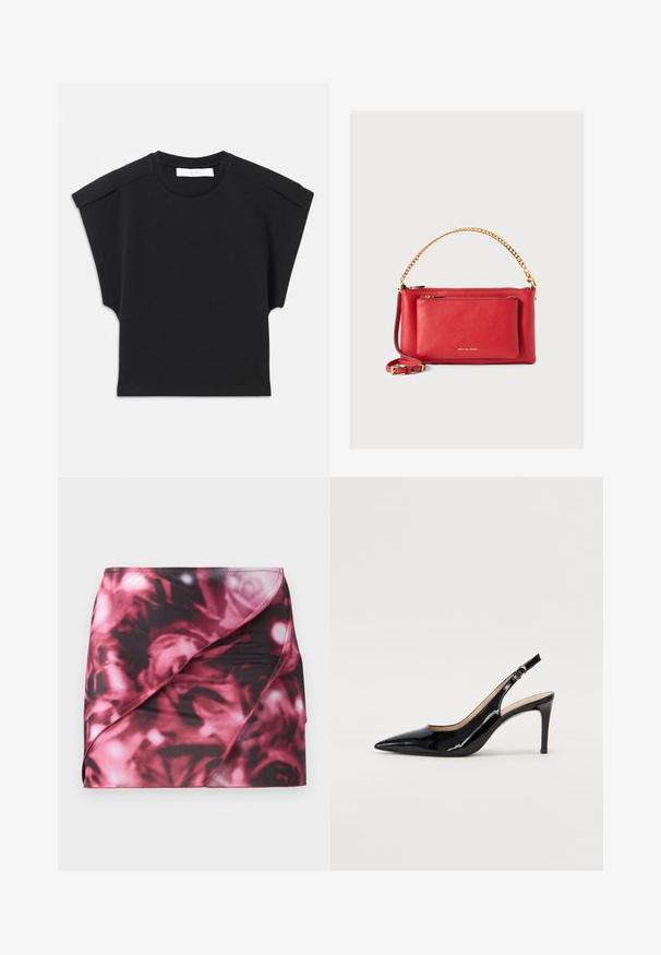 Black short-sleeve top with a round neckline and shoulder detailing, laid flat on a white background.; Short, fitted skirting in black and pink floral pattern. Made of smooth, stretchy material with a diagonal wrap design and stitched hem.; Black patent leather slingback pump with pointed toe, slim heel, and a subtle cutout design. Features a gold buckle on the strap.; Red leather handbag with a textured finish, gold chain and strap, front zipper pocket, and embossed logo. Compact and structured design.