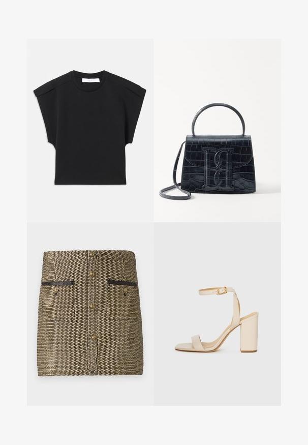 Black short-sleeve top with a round neckline and shoulder detailing, laid flat on a white background.; Woven skirt featuring a black and gold pattern, two front pockets with black accents, and gold buttons down the center.; Beige high-heeled sandal with a square toe, thin ankle strap, and block heel. Smooth leather texture with a gold buckle detail.; Black crocodile-embossed leather handbag with a structured design, top handle, adjustable strap, and a prominent front logo detail.