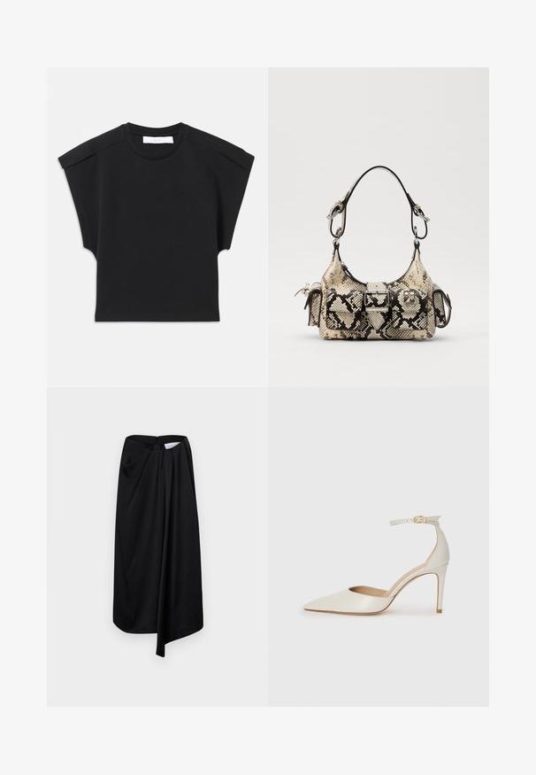 Fekete, rövid ujjú felső, kerek nyakkivágással és vállrészletességgel, laposan elhelyezve fehér háttéren.; Fekete szoknya sima anyagból, melynek gyűrött kialakítása van, és rejtett oldalsó cipzárral záródik.; Fehér bőr, magassarkú cipő hegyes orral, bokapánttal és vékony tűs sarkal. Simaszövet, finom fényes felülettel.; Python mintás, bézs és fekete kézitáska, amelynek struktúrált formája, csatt részlete és dupla vállpántja van. Texturált felület.; Ezüst szív alakú lakatok, amelyeken vésett "IGEN" és "NEM" feliratok találhatók, polírozott felület, szimmetrikus kialakítás és robusztus fémcsat.