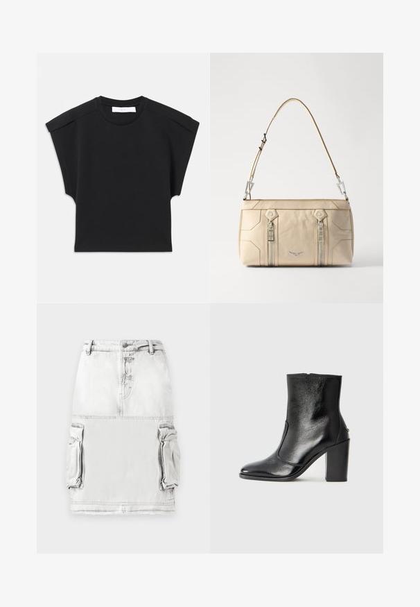 Melna īsām piedurknēm blūze ar apaļu kakla izgriezumu un plecu detaļām, izlikta uz balta fona.; Gai pelēks džinsu svārki ar augstu jostu, priekšējām pogām un divām sānu kabatām. Nedaudz nolietota auduma faktūra.; Melnas ādas potīšu zābaki ar gludu tekstūru, smailu purngalu un masīlu augstu papēdi. Iekļauts sānu atvērums un minimālistisks dizains.; Bežs ādas rokassoma ar sudraba piederumiem, diviem sānu rāvējslēdzējiem, strukturētu dizainu un noņemamu siksnu daudzpusībai.