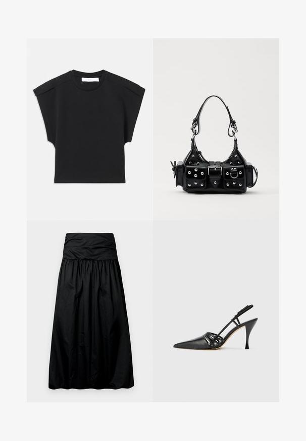 Schwarzes kurzärmliges Oberteil mit rundem Halsausschnitt und Schulterdetails, flach auf einem weißen Hintergrund ausgelegt.; Schwarzer, midilanger Rock mit gerafftem Design aus glattem Material. Verfügt über einen breiten, gerafften Bund oben.; Schwarze Leder-Slingback-Pumps mit spitzem Zehenbereich, über Kreuz verlaufendem Riemendesign und schmalem Stiletto-Absatz. Glatte Oberfläche und minimalistische Akzente.; Schwarze Lederhandtasche mit einem geschwungenen Design, verziert mit silbernen Nieten, einer Schnalle und zwei seitlichen Taschen. Verstellbarer Träger für verschiedene Tragemöglichkeiten.