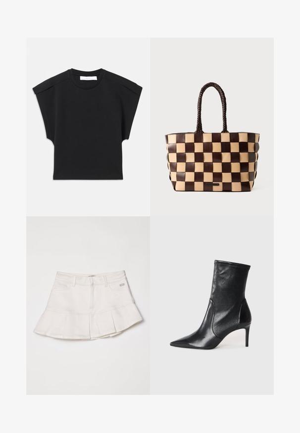 Mustmust sisemise varrukaga must topp ümaral kaelusel ja õlavarre detailidega, laotatud valgele taustale.; Valge denimpihk, millel on sobiv talje ja laienev plisseeritud äär. Sisaldab ees taskuid ja väikest logo detaili taljes.; Mustad mustajalatsid, mis on valmistatud siledast nahast, omavad teravat nina, kitsast varre ja peenikest kõrget kontsa. Minimalistlik disain, ilma nähtava riistvaraeta.; Pruun ja beež nahast kott, millel on kootud ruuduline muster ja punutud sangad valgel taustal.