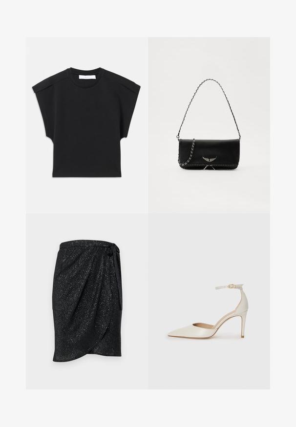 Top negro de manga corta con escote redondo y detalles en los hombros, colocado sobre un fondo blanco.; Falda negra con un acabado texturizado y brillante. Presenta un lazo en la cintura y un diseño drapeado para una silueta elegante.; Zapato de tacón alto de cuero blanco con punta afilada, correa en el tobillo y un delgado tacón de aguja. Textura lisa con un sutil acabado brillante.; Bolso de mano de cuero negro con una correa de cadena plateada, que presenta acentos decorativos en forma de alas y costuras blancas a lo largo de la costura inferior.