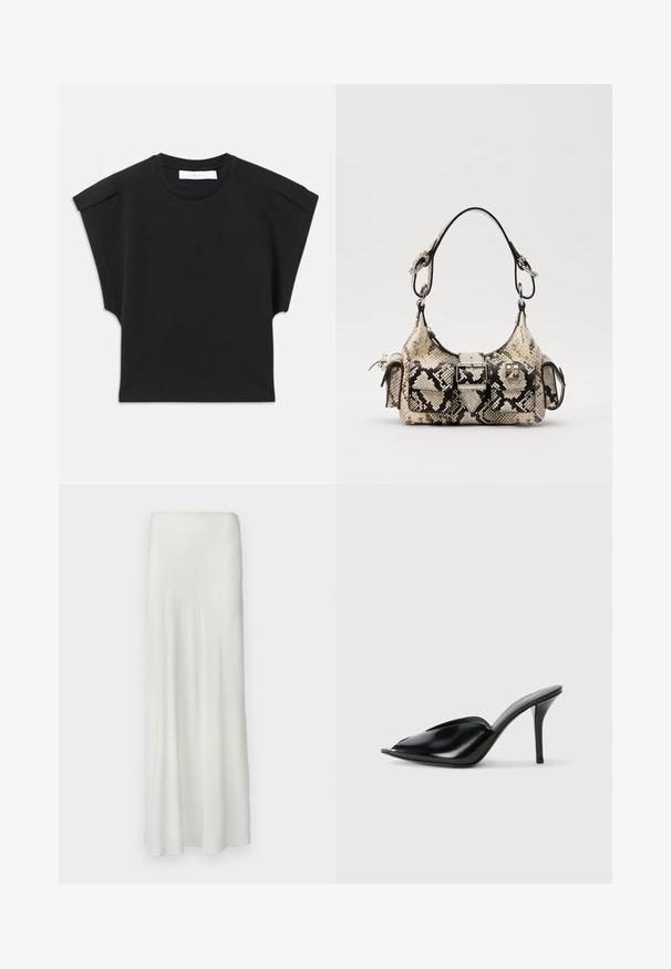 Zwarte korte mouw top met een ronde halslijn en schouderdetails, plat gelegd op een witte achtergrond.; Lange, witte rok van een gladde, vloeiende stof. Heeft een eenvoudige, elastische tailleband en een rechte silhouette, die tot aan de enkel reikt.; Zwarte leren muiltjes met hoge hakken, open teen, spitse vorm, gladde textuur en een slanke stiletto-hak.; Python-print handtas in beige en zwart, met een gestructureerde vorm, gespdetail en dubbele schouderbanden. Gestructureerd oppervlak.