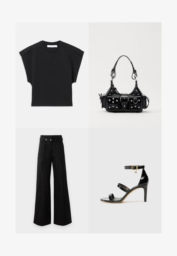 Schwarzes kurzärmliges Oberteil mit rundem Halsausschnitt und Schulterdetails, flach auf einem weißen Hintergrund ausgelegt.; Schwarze weit geschnittene Hose mit hohem Bund, großen Seitentaschen, zwei vorderen Knöpfen und einer Schlaufen-Detail. Aus robustem Stoff gefertigt.; Schwarze Lackleder-Sandale mit drei Riemen, Knöchelriemen und 10 cm hohen Stiletto-Absatz. Verfügt über goldfarbene Hardware-Details und ein Logo-Charm.; Schwarze Lederhandtasche mit einem geschwungenen Design, verziert mit silbernen Nieten, einer Schnalle und zwei seitlichen Taschen. Verstellbarer Träger für verschiedene Tragemöglichkeiten.