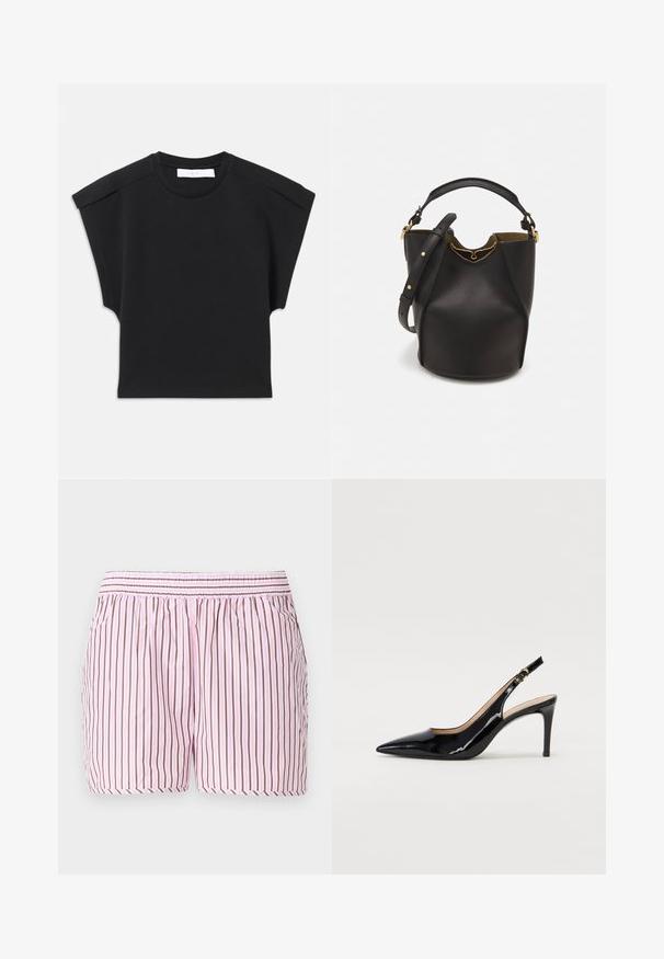 Čierny krátky rukáv top s okrúhlym výstrihom a detailmi na pleciach, položený na bielom pozadí.; Bavlnené spacie šortky s vertikálnymi ružovými a hnedými pruhmi, elastický pás so smútením a voľný strih pre pohodlie.; Čierne lakované kožené slingback lodičky s špicatou špičkou, štíhlým podpätkom a jemným výrezom. Obsahuje zlatú pracku na remienku.; Čierna kožená vedro taška s textúrovaným povrchom, zlatými kovovými detailami a otvoreným vrcholom. Obsahuje krátku rukoväť a nastaviteľný ramenný popruh.