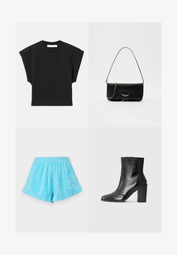 Svart kortärmad topp med rund halsringning och axeldetaljer, liggande platt på en vit bakgrund.; Ljusblå batikshorts med elastisk midja och en silverfärgad strass nr sju på den nedre sidan. Mjuk bomullstextur.; Svart läderankelboot med en slät yta, spetsig tå och en kraftig hög klack. Har en sidöppning och ett minimalistiskt design.; Svart läderhandväska med en silverkedja, prydd med dekorativa vingdetaljer och vit sömnad längs den nedre sömmen.