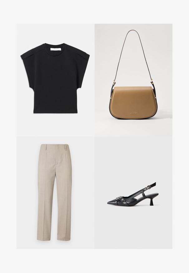 Black short-sleeve top with a round neckline and shoulder detailing, laid flat on a white background.; Beige tailored pants with a straight leg, featuring a smooth texture, two front pleats, and side pockets.; Black leather slingback shoe with a pointed toe, decorative straps featuring metal eyelets, and a low block heel. Textured surface.; Tan leather crossbody bag with a curved shape, gold hardware accents, and a slim dark strap. Smooth texture with stitching details.