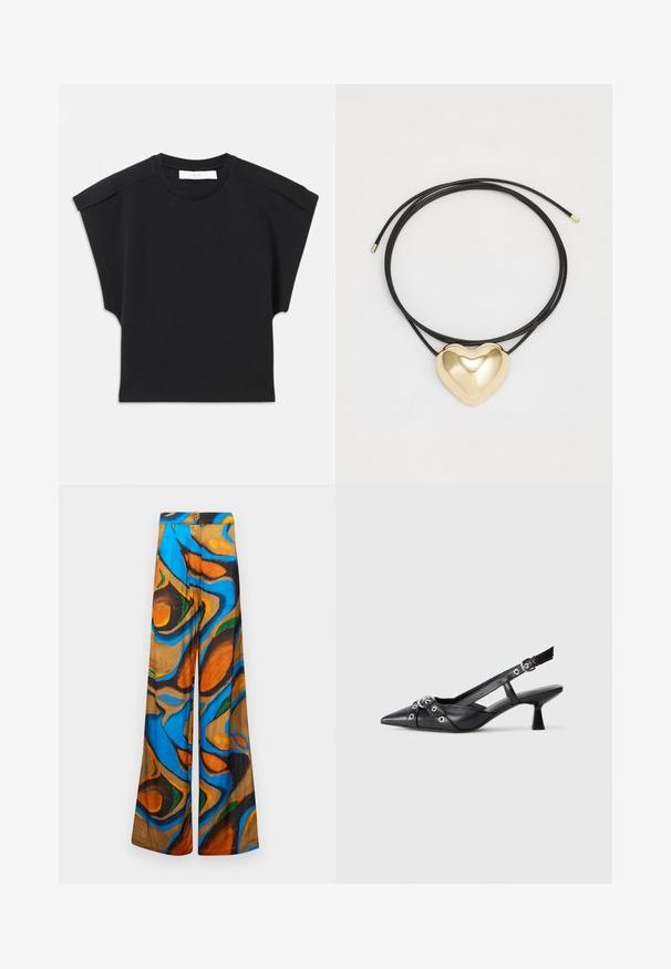 Black short-sleeve top with a round neckline and shoulder detailing, laid flat on a white background.; Wide-leg trousers featuring a multicolored abstract pattern with blue, orange, and brown hues. Made from lightweight fabric with a smooth texture.; Black leather slingback shoe with a pointed toe, decorative straps featuring metal eyelets, and a low block heel. Textured surface.; Black braided cord necklace featuring a polished gold heart pendant with smooth curves and a glossy finish.