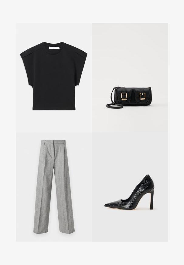 Black short-sleeve top with a round neckline and shoulder detailing, laid flat on a white background.; High-waist gray trousers with vertical pinstripes and wide straight legs, displayed against a white background.; Black pointed-toe high heel shoe with a crocodile-skin texture, featuring a sleek design, high stiletto heel, and smooth black interior.; Black leather crossbody bag with two front pockets, gold buckles, zipper closure, and a slim strap. Textured surface and compact rectangular shape.