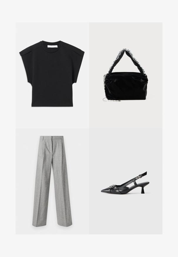 Zwarte korte mouw top met een ronde halslijn en schouderdetails, plat gelegd op een witte achtergrond.; Hoge taille grijze broek met verticale streepjes en wijde rechte pijpen, weergegeven tegen een witte achtergrond.; Zwarte leren slingback schoen met een puntige neus, decoratieve banden met metalen oogjes en een lage blokhak. Textuur oppervlak.; Zwarte nep leren handtas met een gestructureerde afwerking, voorzien van een bewerkte zilveren accent langs de bovenste handgreep en een schouderband van kettingen.