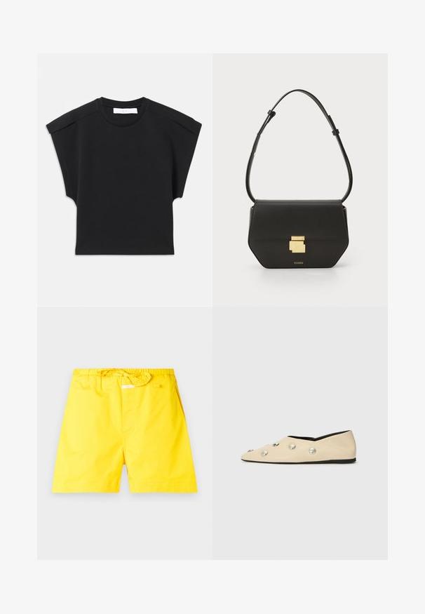 Svart kortärmad topp med rund halsringning och axeldetaljer, liggande platt på en vit bakgrund.; Gula badshorts med elastisk midja och justerbar snörning. Har en slät yta och inga synliga mönster eller detaljer.; CLOSED Ballerinaskor - ecru; CLOSED CLOSED ONE - Axelremsväska - black