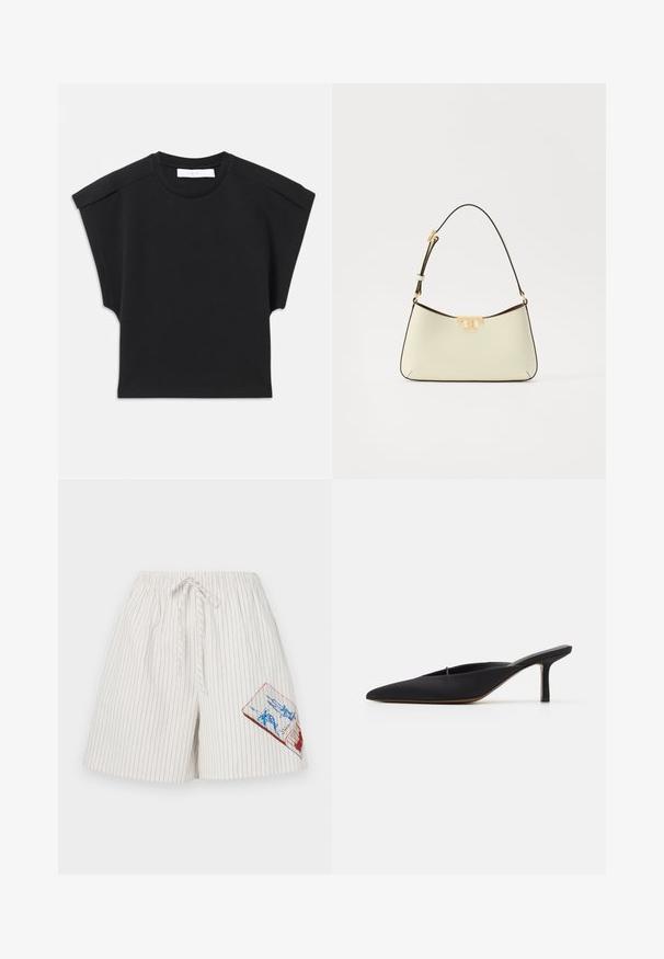 Black short-sleeve top with a round neckline and shoulder detailing, laid flat on a white background.; White cotton shorts with vertical blue stripes, elastic waistband, and drawstring. Features a colorful graphic patch on the left thigh.; Black pointed-toe mule with a sleek design, made of smooth fabric, featuring a slender heel and open back for easy wear.; Leather handbag in cream with a curved shape. Features a gold-tone logo accent and a thin, adjustable dark strap.